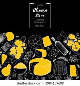 Plantilla de diseño de queso y vino. Esbozo dibujado a mano. Fondo de comida retro. Restaurante de menú. Comida gourmet. Queso vintage, verduras, especias, dibujos de vino. Marco de productos lácteos sobre fondo blanco
