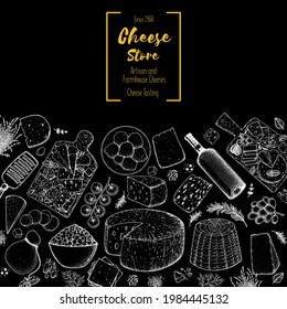 Cheese and wine design template. Hand drawn sketch. Retro food background. Menu restaurant. Gourmet food set. Vintage cheese, vegetables, spice, wine drawings. Dairy products frame on white background