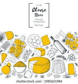 Plantilla de diseño de queso y vino. Esbozo dibujado a mano. Fondo de comida retro. Restaurante de menú. Comida gourmet. Queso vintage, verduras, especias, dibujos de vino. Marco de productos lácteos sobre fondo blanco
