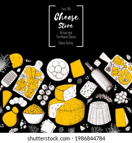 Cheese and wine design template. Hand drawn sketch. Retro food background. Menu restaurant. Gourmet food set. Vintage cheese, vegetables, spice, wine drawings. 