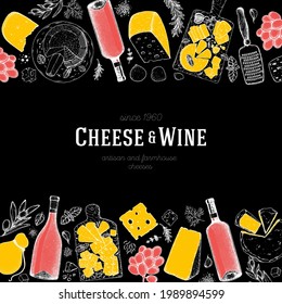 Cheese and wine design template. Hand drawn vector sketch. Retro food background. Menu restaurant. Gourmet food set. Vintage cheese, spice, wine drawings. Dairy products frame