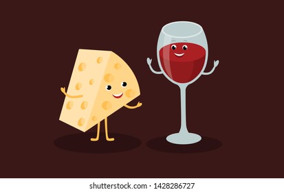 Cheese and wine glass cartoon characters, friendship concept vector illustration in flat design.