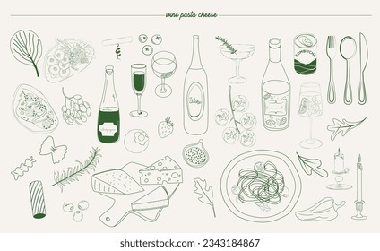 Сollection of cheese and wine illustration in sketch style. Editable vector illustration.