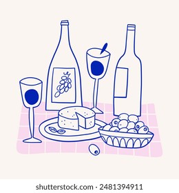 Boceto de queso, vino y aceitunas, ilustración dibujada a mano. Comer fuera, cena al aire libre, invitación de picnic. Ilustración vectorial