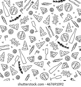 Cheese, wine and other food seamless pattern. Hand drawn vector black and white illustrations. Cartoon doodle. Background, wallpaper. Colouring page. Texture for web, print, wallpaper, fabric.
