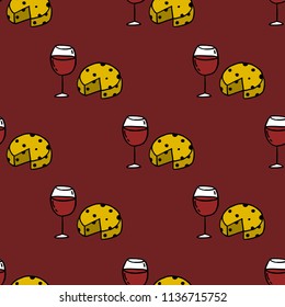 cheese and wine seamless doodle pattern