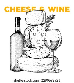 Cheese and wine sketch, hand drawn illustration. Food design template. Vector illustration with collection of cheese and wine. Engraved style image. Dairy farm products cheese.