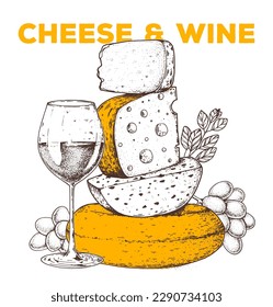 Cheese and wine sketch, hand drawn illustration. Food design template. Vector illustration with collection of cheese and wine. Engraved style image. Dairy farm products cheese.