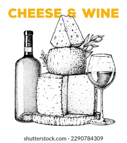 Cheese and wine sketch, hand drawn illustration. Food design template. Vector illustration with collection of cheese and wine. Engraved style image. Dairy farm products cheese.