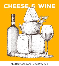 Cheese and wine sketch, hand drawn illustration. Food design template. Vector illustration with collection of cheese and wine. Engraved style image. Dairy farm products cheese.