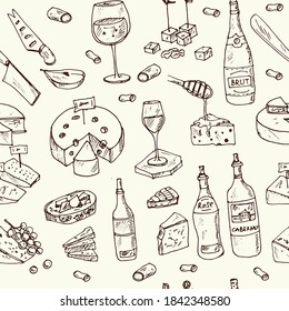 Cheese and wine store Vector seamless pattern with food and drink hand drawn doodles.