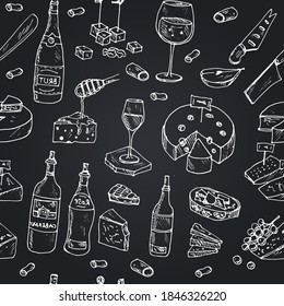 Queso y tienda de vinos Vector patrón sin fisuras con los doodles dibujados a mano de los alimentos y bebidas.