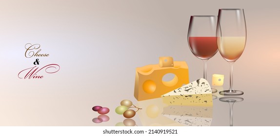 Queso y vino, fondo vectorial con gafas, rodajas de queso y uvas