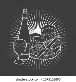 Cheese and wine.Hand-made drawing for menus, blackboards, posters and decoration of bars, clubs, pubs and restaurants.