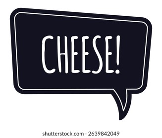 Cheese word displayed in bold white capital letters within a rounded black speech bubble featuring a white border, set against a clean white background for a striking visual effect