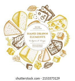 Cheese wreath design. Hand drawn brie, gouda cheese, roquefort, etc.