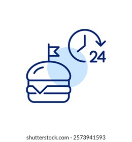 Cheeseburger and 24 hours symbol. Round the clock food delivery. Always available fast food chain. Pixel perfect, editable stroke icon