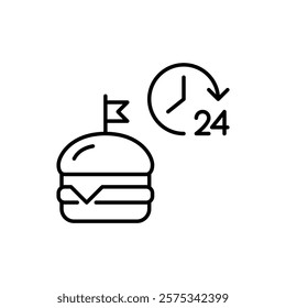Cheeseburger and 24 hours symbol. Round the clock food delivery. Always available fast food chain. Pixel perfect vector icon