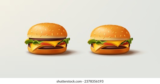 Cheeseburger 3d illustration, single and double beef meat, realistic fast food menu item, isolated