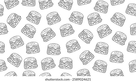 Cheeseburger background. Hamburger seamless pattern. Burger sketch doodle line art motif for packaging, menu, fast food fabric