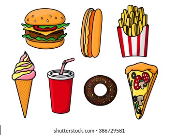 Cheeseburger with beef, cheese and vegetables, slice of pepperoni pizza, hot dog, sweet soda in paper cup, french fries in striped box, chocolate donut topped with sprinkles and ice cream cone