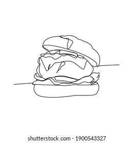 Hamburguesa de queso con manteca de ternera, pepinillos, queso, tomate, cebolla, lechuga y mostaza de ketchup - Dibujo continuo de una línea