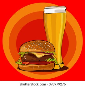 Cheeseburger with beer  background. Vector illustration