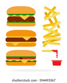 Cheeseburger, burger with beef, veggie burger and french fries with ketchup vector flat material design isolated on white
