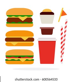 Cheeseburger, burger with beef, veggie burger, plastic cup for drinks, straws, barbecue sauce, chocolate cake