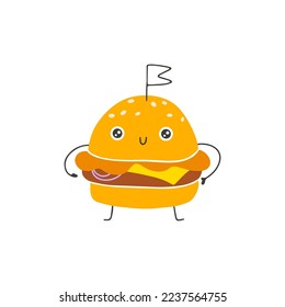 Cheeseburger burger cute smile. Hand drawn cartoon doodle kawaii fast food character. Childish illustration in a simple naive style. Vector isolate on white background. Perfect for printing