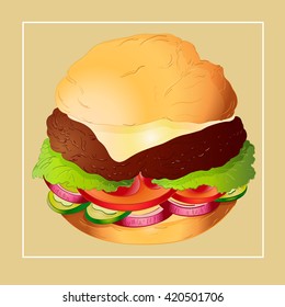 cheeseburger, cheese bun with lettuce onion tomato cucumber and chop