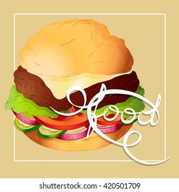 cheeseburger, cheese bun with lettuce onion tomato cucumber and chop