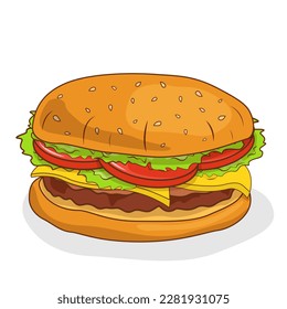 Queso, ensalada, tomate, buey y bollo con sésamo. Ilustración plana vectorial.