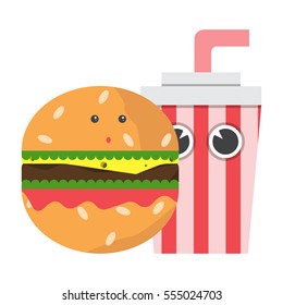 Cheeseburger and Coca. Fast food with eyes