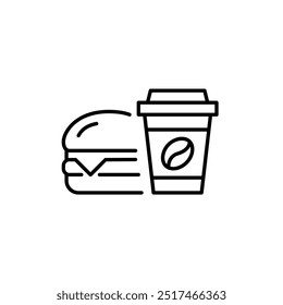 Cheeseburger and coffee in takeaway cup. Quick fast food delivery. Bite on the go. Pixel perfect vector icon