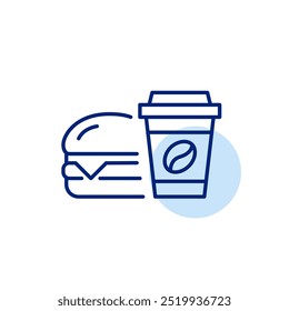Cheeseburger und Kaffee in einer Tasse zum Mitnehmen. Schnelle Lieferung von Fast Food. Beiß unterwegs. Pixel perfekt, bearbeitbares Strichsymbol