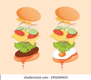 Cheeseburger with cutlet and burger with egg with flying ingredients like ketchup, lettuce, tomato, cucumber, onion, sauce, cheese. Vector food illustration for poster, advertisement, menu, web. 
