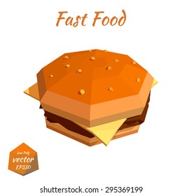 Cheeseburger with cutlet, cheese and tomato isolated on white background. Low poly style. Design your menu diner bistro. Fast food. Vector illustration.