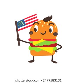 Cheeseburger-Tag. Lustige Cartoon-Figur cheeseburger mit USA-Flagge. Vektorgrafik im naiven Stil. Flaches Vektorgrafik-ClipArt.
