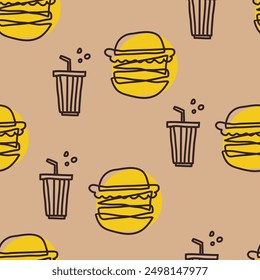 Hamburguesa con queso y bebida, sin patrón. Plantilla para las cubiertas del cuaderno, modelo para los Fondos de pantalla, materia textil o para el café, restaurante de la comida rápida. ilustración naive infantil del arte del Vector dibujado a mano. comida chatarra