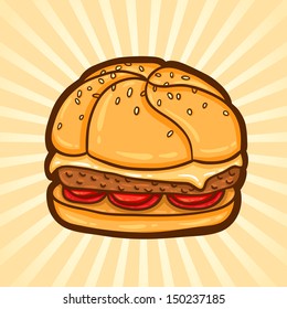 Cheeseburger. Fast food in cartoon style. Isolated object, easy to edit.