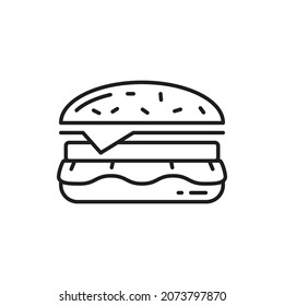 Cheeseburger Fastfood Snack Isolated Tasty Burger With Chopped Meat, Cheese And Veggies Thin Line Icon. Vector Fastfood Delivery, Hamburgers Online Order, Takeout Takeaway Street Food Snack