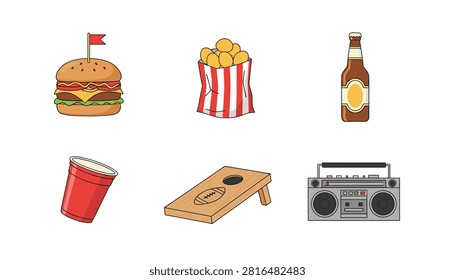 Cheeseburger with flag, bag of golden fried snacks, beer bottle, red plastic cup, cornhole board, and retro boombox on white surface.