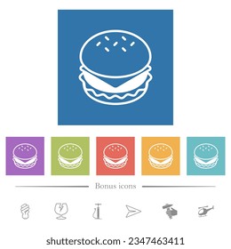 Iconos blancos planos de Cheeseburger en fondos cuadrados. 6 iconos de bonificación incluidos.