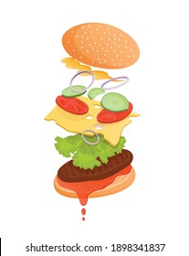 Cheeseburger with flying ingredients such as meat, ketchup, lettuce, tomato, cucumber, onion, sauce and cheese. Vector flat illustration of fast food burger for poster, advertisement, menu, web