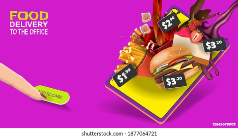 Cheeseburger French fries drink and cake with strawberries on the screen of a digital tablet. Vector banner