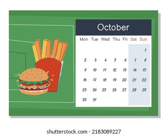 Cheeseburger and french fries, quick snack at the game. Football theme. October 2023 calendar. The week starts on Monday, weekends are highlighted. Stylish flat vector illustration. Eps10