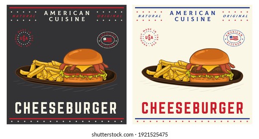 cheeseburger with french fries vintage illustration