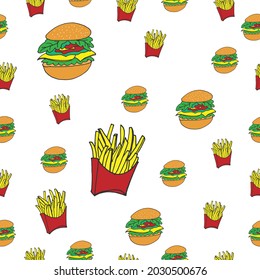 cheeseburger with fries illustration on white background. fast food icon. seamless pattern, hand drawn vector. american food. doodle art for wallpaper, wrapping paper and gift, backdrop, fabric, cover