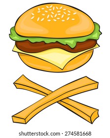 Cheeseburger and fries as an image Jolly Roger. Illustration symbolizes the potential harm from eating fast food